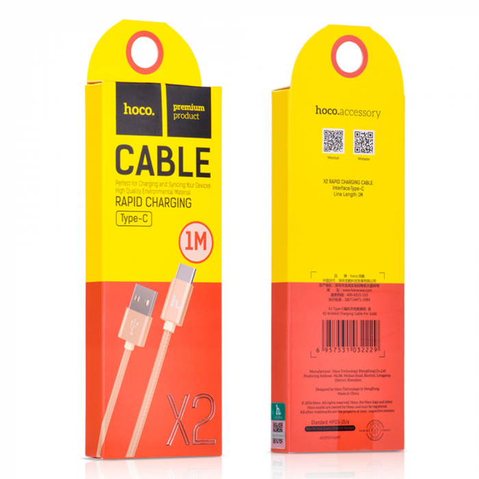 Cablu prevazut cu conectori USB tata si USB tip C tata, Hoco X2 Knitted, 2.4A, lungime 1m, auriu [5]
