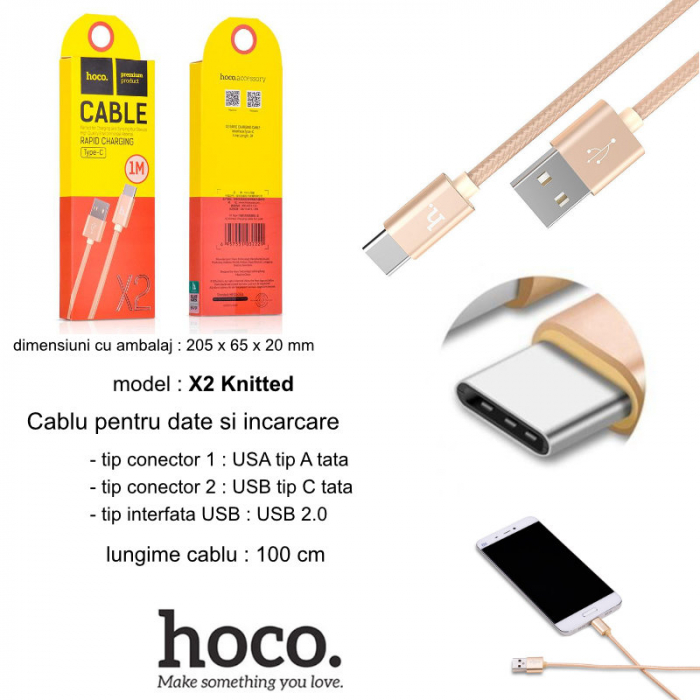 Cablu prevazut cu conectori USB tata si USB tip C tata, Hoco X2 Knitted, 2.4A, lungime 1m, auriu [6]