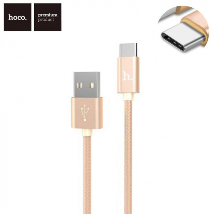 Cablu prevazut cu conectori USB tata si USB tip C tata, Hoco X2 Knitted, 2.4A, lungime 1m, auriu [2]