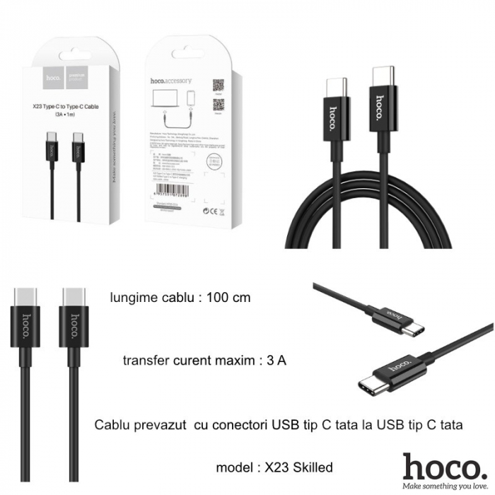 Cablu prevazut cu conectori USB tip C tata la USB tip C tata, Hoco X23 Skilled, 3A, lungime 1m, negru [6]