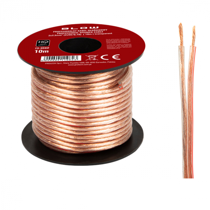 Cablu profesional audio pentru difuzoare, Blow 11962, 2x2,5mm, lungime 10m, transparent [3]