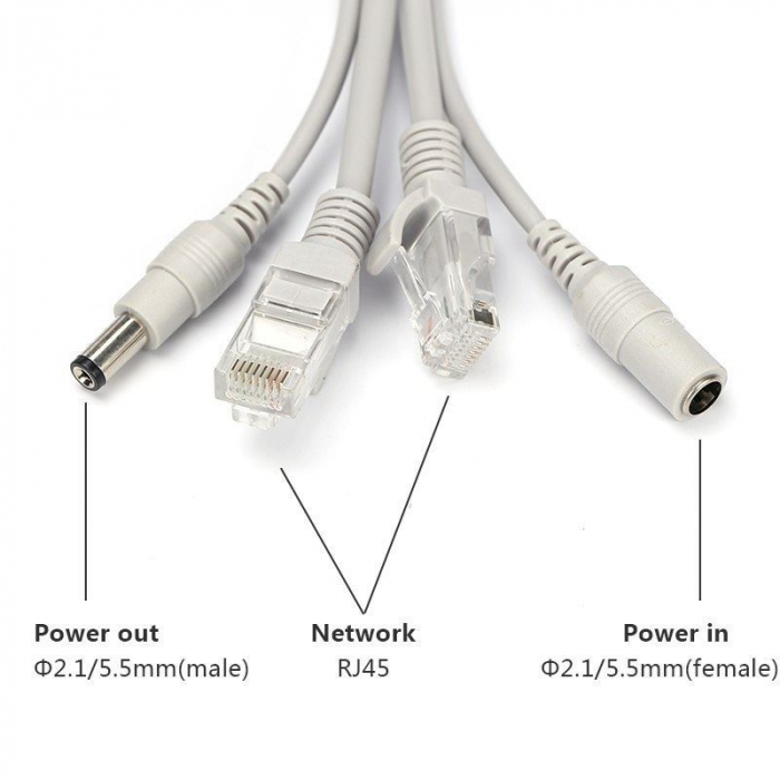 Cablu retea 10m pentru camera IP CCTV NVR, UTP Cat.5/5e, mufat 2XRJ45 si cablu alimentare mufat 2X2.1x5.5mm, gri [7]