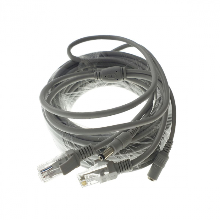 Cablu retea 10m pentru camera IP CCTV NVR, UTP Cat.5/5e, mufat 2XRJ45 si cablu alimentare mufat 2X2.1x5.5mm, gri [4]