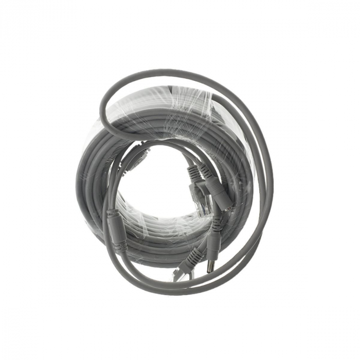 Cablu retea 15m pentru camera IP CCTV NVR, UTP Cat.5/5e, mufat 2XRJ45 si cablu alimentare mufat 2X2.1x5.5mm, gri [4]