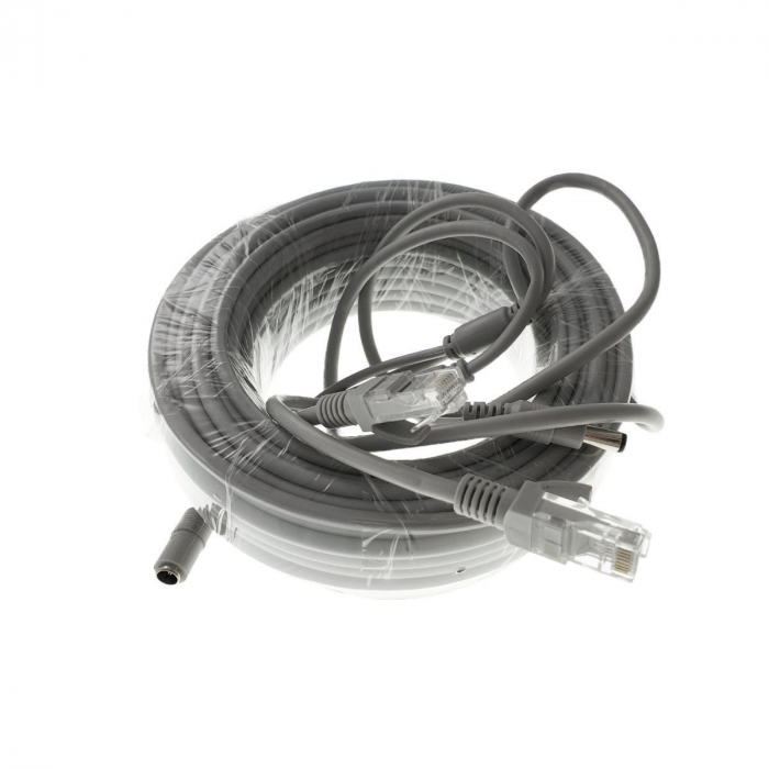 Cablu retea 20m pentru camera IP CCTV NVR, UTP Cat.5/5e, mufat 2XRJ45 si cablu alimentare mufat 2X2.1x5.5mm, gri [4]