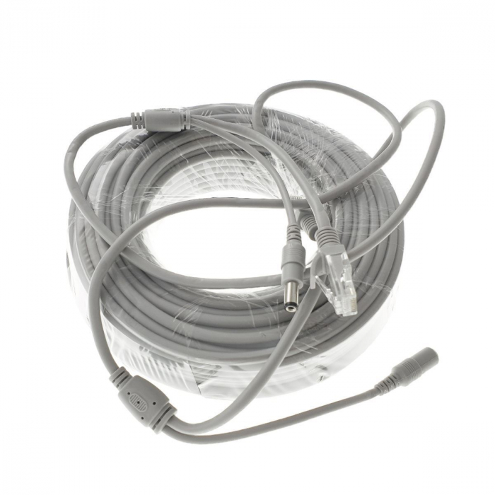 Cablu retea 30m pentru camera IP CCTV NVR, UTP Cat.5/5e, mufat 2XRJ45 si cablu alimentare mufat 2X2.1x5.5mm, gri [4]