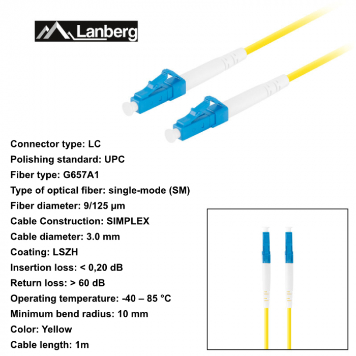 Cablu retea fibra optica cu lungime 1 m si conectori LC/UPC-LC/UPC, Lanberg Z43310, SM, SIMPLEX 3.0MM G657A1 LSZH, galben [6]