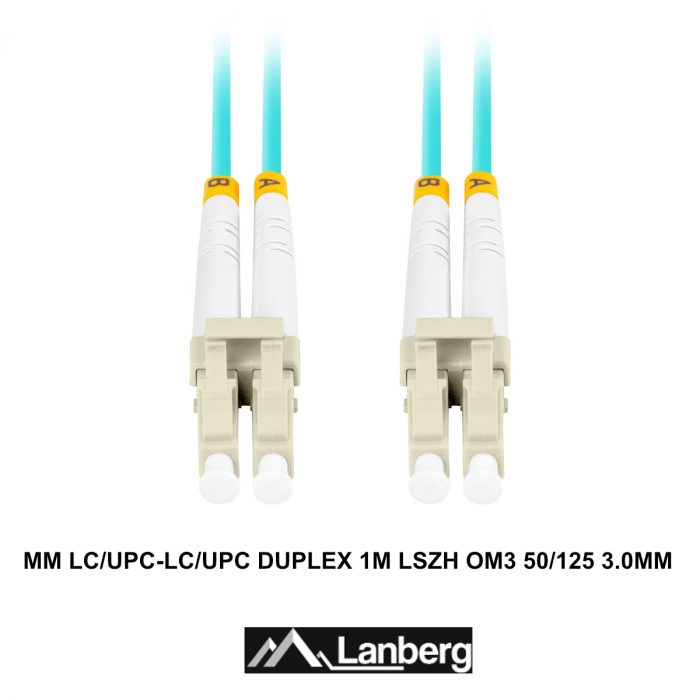 Cablu retea fibra optica cu lungime 1 m si conectori LC/UPC-LC/UPC, Lanberg Z32327, MM, DUPLEX 3.0MM OM3 50/125 LSZH, albastru [3]