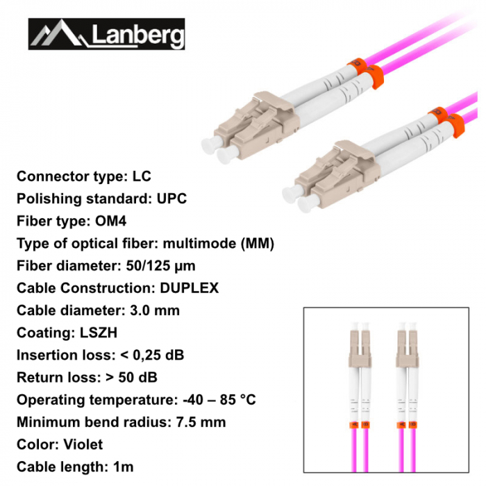 Cablu retea fibra optica cu lungime 1 m si conectori LC/UPC-LC/UPC, Lanberg Z32331, MM, DUPLEX 3.0MM OM4 50/125 LSZH, violet [6]