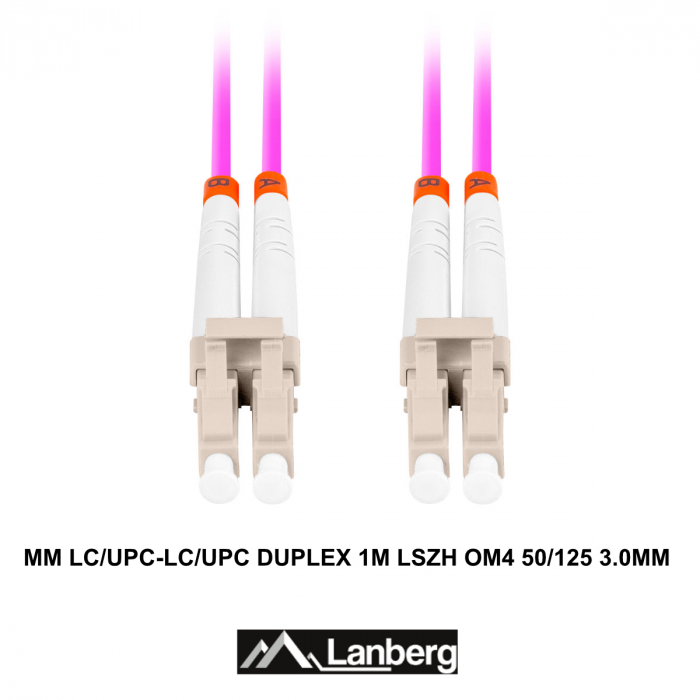 Cablu retea fibra optica cu lungime 1 m si conectori LC/UPC-LC/UPC, Lanberg Z32331, MM, DUPLEX 3.0MM OM4 50/125 LSZH, violet [3]