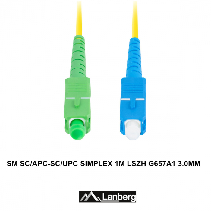 Cablu retea fibra optica cu lungime 1 m si conectori SC/APC-SC/UPC, Lanberg Z43068, SM, SIMPLEX 3.0MM G657A1 LSZH, galben [3]