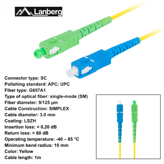 Cablu retea fibra optica cu lungime 1 m si conectori SC/APC-SC/UPC, Lanberg Z43068, SM, SIMPLEX 3.0MM G657A1 LSZH, galben [6]