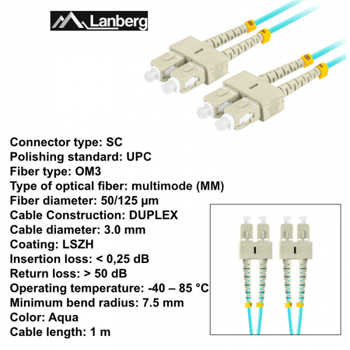 Cablu retea fibra optica cu lungime 1 m si conectori SC/UPC-SC/UPC, Lanberg Z43326, MM, DUPLEX 3.0MM OM3 50/125 LSZH, albastru [6]