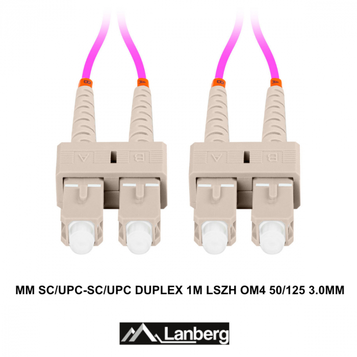 Cablu retea fibra optica cu lungime 1 m si conectori SC/UPC-SC/UPC, Lanberg Z43330, MM, DUPLEX 3.0MM OM4 50/125 LSZH, violet [3]