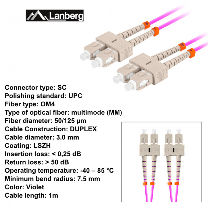 Cablu retea fibra optica cu lungime 1 m si conectori SC/UPC-SC/UPC, Lanberg Z43330, MM, DUPLEX 3.0MM OM4 50/125 LSZH, violet [6]