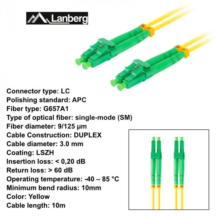 Cablu retea fibra optica cu lungime 10 m si conectori LC/APC-LC/APC, Lanberg Z32316, SM, DUPLEX 3.0MM G657A1 LSZH, galben [6]