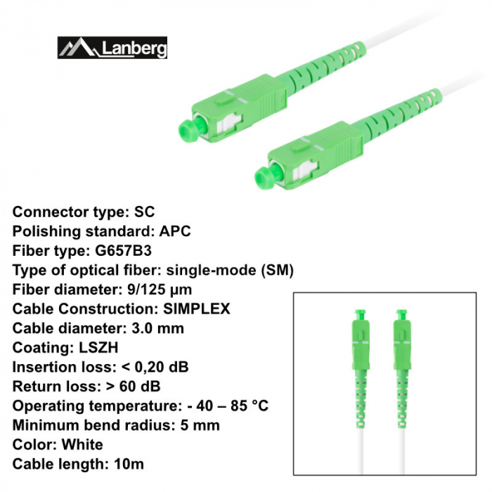 Cablu retea fibra optica cu lungime 10 m si conectori SC/APC-SC/APC, Lanberg Z43074, SM, SIMPLEX 3.0MM G657B3 LSZH, alb [6]