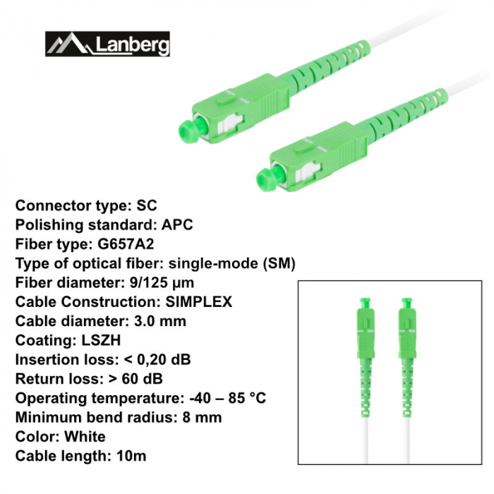 Cablu retea fibra optica cu lungime 10 m si conectori SC/APC-SC/APC, Lanberg Z43084, SM, SIMPLEX 3.0MM G657A2 LSZH, alb [6]
