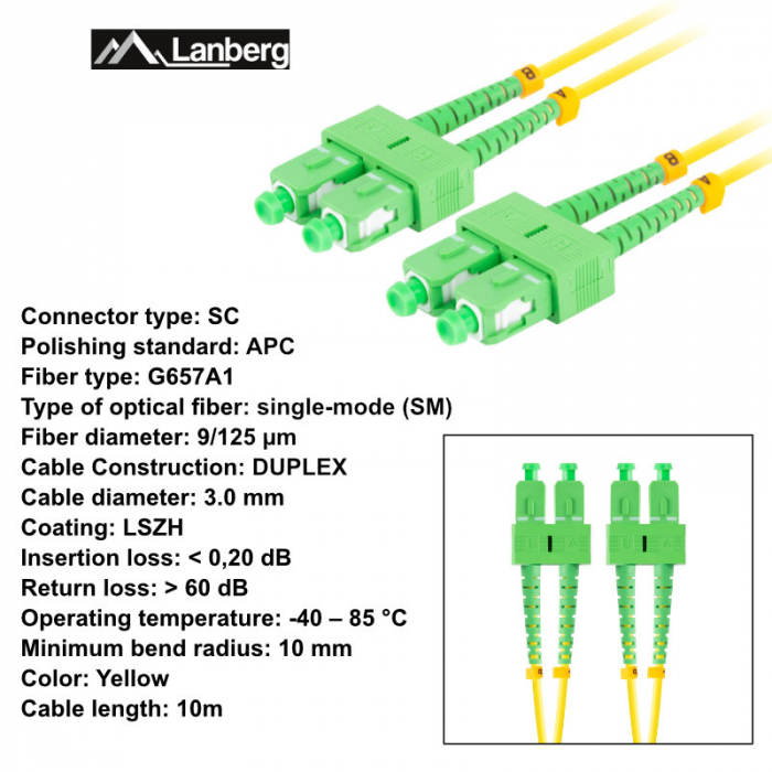 Cablu retea fibra optica cu lungime 10 m si conectori SC/APC-SC/APC, Lanberg Z43095, SM, DUPLEX 3.0MM G657A1 LSZH, galben [6]