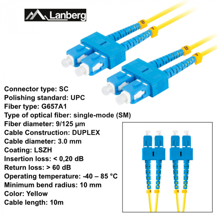 Cablu retea fibra optica cu lungime 10 m si conectori SC/UPC-SC/UPC, Lanberg Z43099, SM, DUPLEX 3.0MM G657A1 LSZH, galben [6]