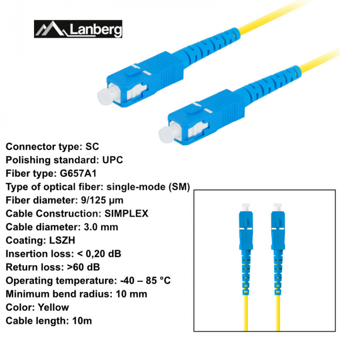 Cablu retea fibra optica cu lungime 10 m si conectori SC/UPC-SC/UPC, Lanberg Z43302, SM, SIMPLEX 3.0MM G657A1 LSZH, galben [6]
