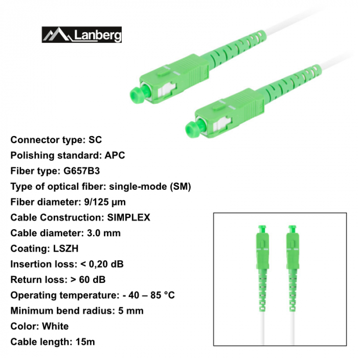Cablu retea fibra optica cu lungime 15 m si conectori SC/APC-SC/APC, Lanberg Z43075, SM, SIMPLEX 3.0MM G657B3 LSZH, alb [6]