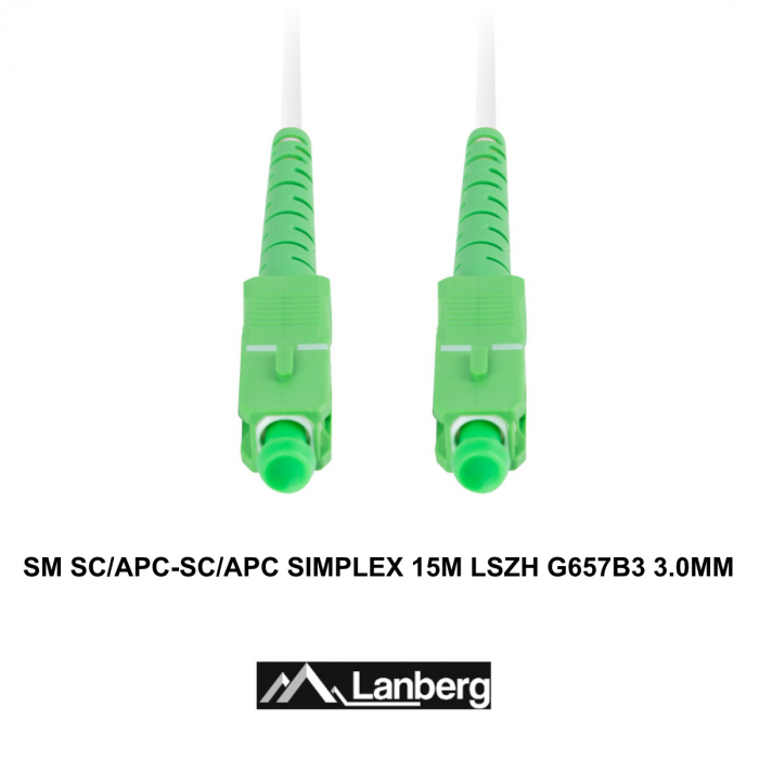 Cablu retea fibra optica cu lungime 15 m si conectori SC/APC-SC/APC, Lanberg Z43075, SM, SIMPLEX 3.0MM G657B3 LSZH, alb [3]