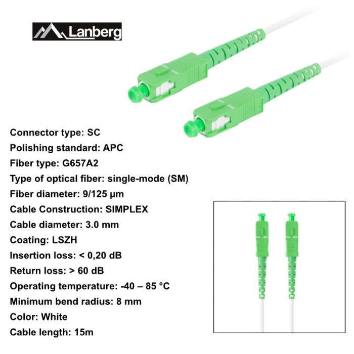Cablu retea fibra optica cu lungime 15 m si conectori SC/APC-SC/APC, Lanberg Z43085, SM, SIMPLEX 3.0MM G657A2 LSZH, alb [6]