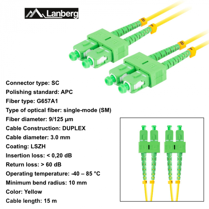 Cablu retea fibra optica cu lungime 15 m si conectori SC/APC-SC/APC, Lanberg Z43096, SM, DUPLEX 3.0MM G657A1 LSZH, galben [6]