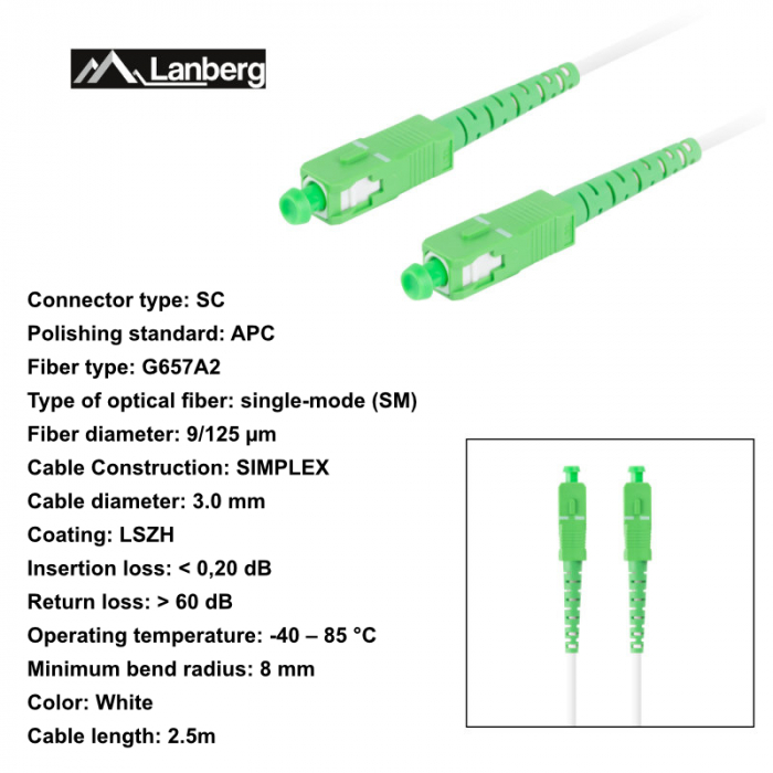 Cablu retea fibra optica cu lungime 2.5 m si conectori SC/APC-SC/APC, Lanberg Z43082, SM, SIMPLEX 3.0MM G657A2 LSZH, alb [6]