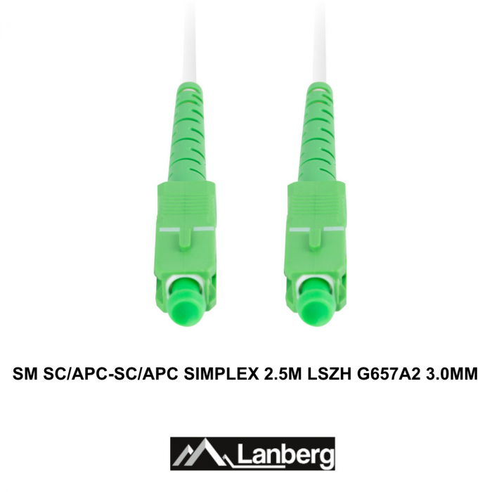 Cablu retea fibra optica cu lungime 2.5 m si conectori SC/APC-SC/APC, Lanberg Z43082, SM, SIMPLEX 3.0MM G657A2 LSZH, alb [3]
