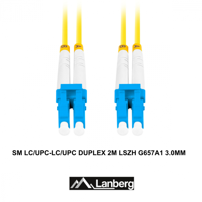 Cablu retea fibra optica cu lungime 2 m si conectori LC/UPC-LC/UPC, Lanberg Z32293, SM, DUPLEX 3.0MM G657A1 LSZH, galben [2]