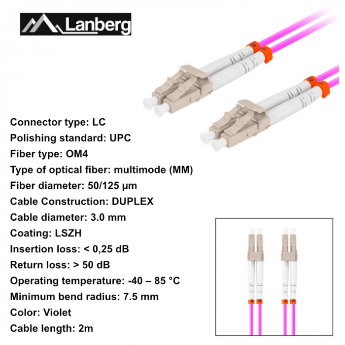 Cablu retea fibra optica cu lungime 2 m si conectori LC/UPC-LC/UPC, Lanberg Z32332, MM, DUPLEX 3.0MM OM4 50/125 LSZH, violet [6]