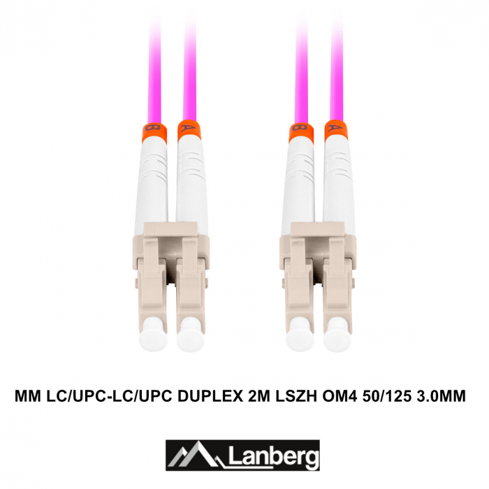Cablu retea fibra optica cu lungime 2 m si conectori LC/UPC-LC/UPC, Lanberg Z32332, MM, DUPLEX 3.0MM OM4 50/125 LSZH, violet [3]