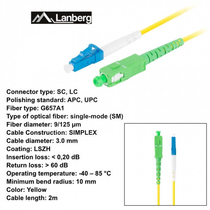 Cablu retea fibra optica cu lungime 2 m si conectori LC/UPC-SC/APC, Lanberg Z43303 SM, SIMPLEX 3.0MM G657A1 LSZH, galben [6]