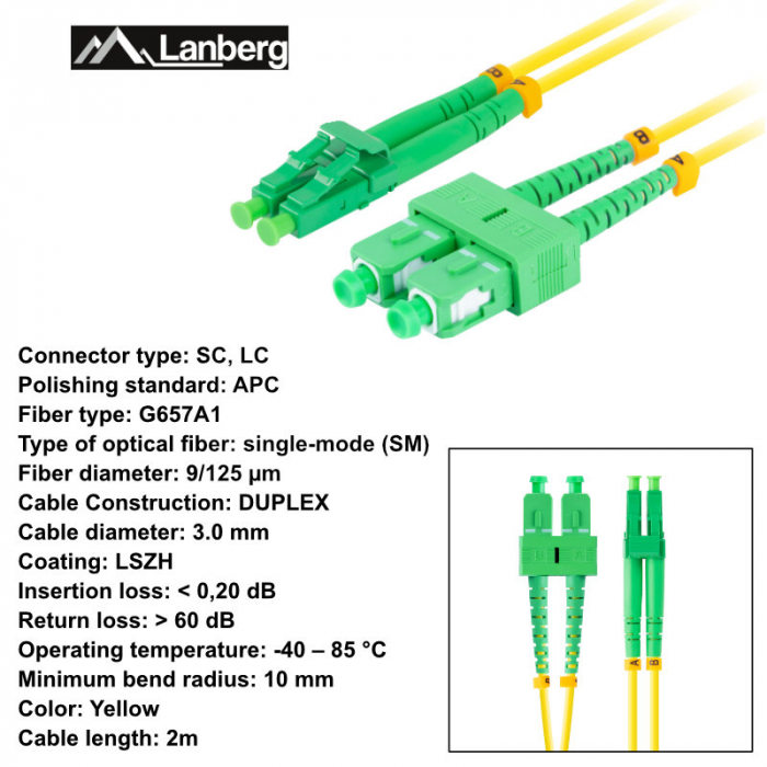 Cablu retea fibra optica cu lungime 2 m si conectori SC/APC-LC/APC, Lanberg Z43314, SM, DUPLEX 3.0MM G657A1 LSZH, galben [8]