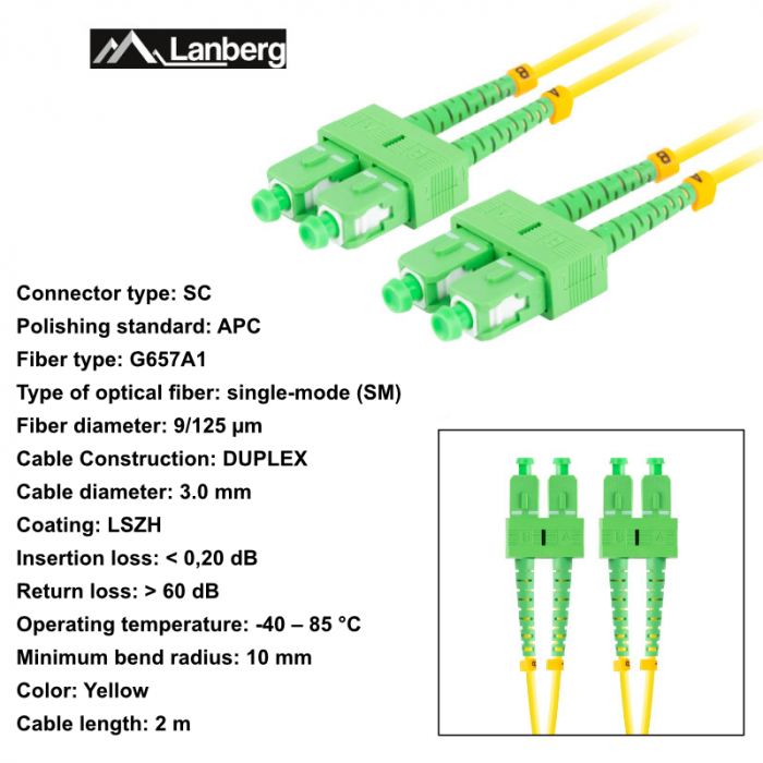 Cablu retea fibra optica cu lungime 2 m si conectori SC/APC-SC/APC, Lanberg Z43093, SM, DUPLEX 3.0MM G657A1 LSZH, galben [6]