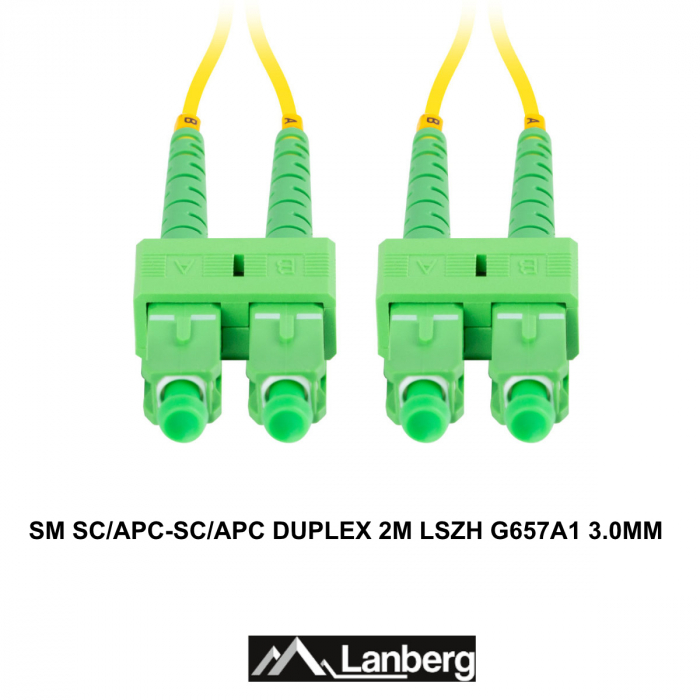 Cablu retea fibra optica cu lungime 2 m si conectori SC/APC-SC/APC, Lanberg Z43093, SM, DUPLEX 3.0MM G657A1 LSZH, galben [3]
