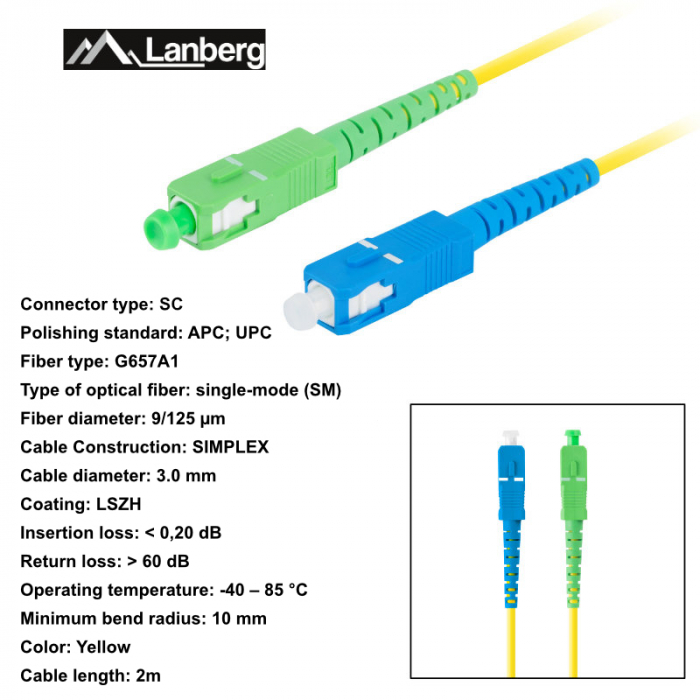 Cablu retea fibra optica cu lungime 2 m si conectori SC/APC-SC/UPC, Lanberg Z43069, SM, SIMPLEX 3.0MM G657A1 LSZH, galben [6]