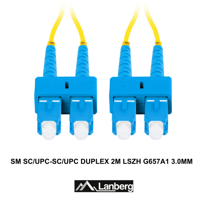 Cablu retea fibra optica cu lungime 2 m si conectori SC/UPC-SC/UPC, Lanberg Z43097, SM, DUPLEX 3.0MM G657A1 LSZH, galben [3]