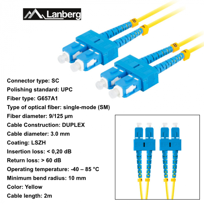 Cablu retea fibra optica cu lungime 2 m si conectori SC/UPC-SC/UPC, Lanberg Z43097, SM, DUPLEX 3.0MM G657A1 LSZH, galben [6]