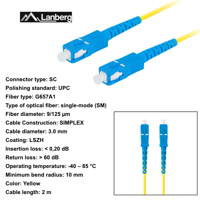 Cablu retea fibra optica cu lungime 2 m si conectori SC/UPC-SC/UPC, Lanberg Z43300, SM, SIMPLEX 3.0MM G657A1 LSZH, galben [6]