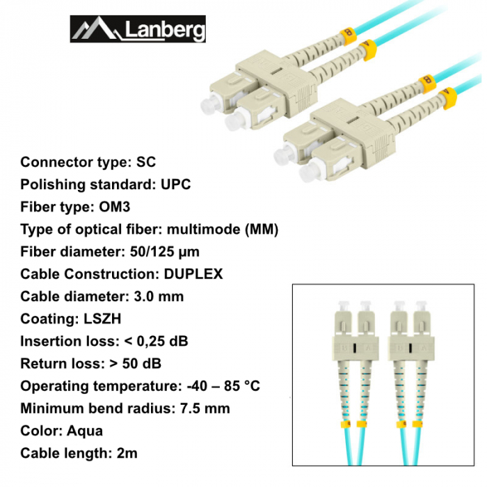 Cablu retea fibra optica cu lungime 2 m si conectori SC/UPC-SC/UPC, Lanberg Z43327, MM, DUPLEX 3.0MM OM3 50/125 LSZH, albastru [6]