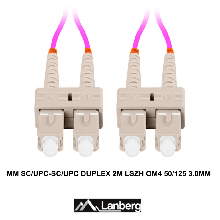 Cablu retea fibra optica cu lungime 2 m si conectori SC/UPC-SC/UPC, Lanberg Z43331, MM, DUPLEX 3.0MM OM4 50/125 LSZH, violet [3]