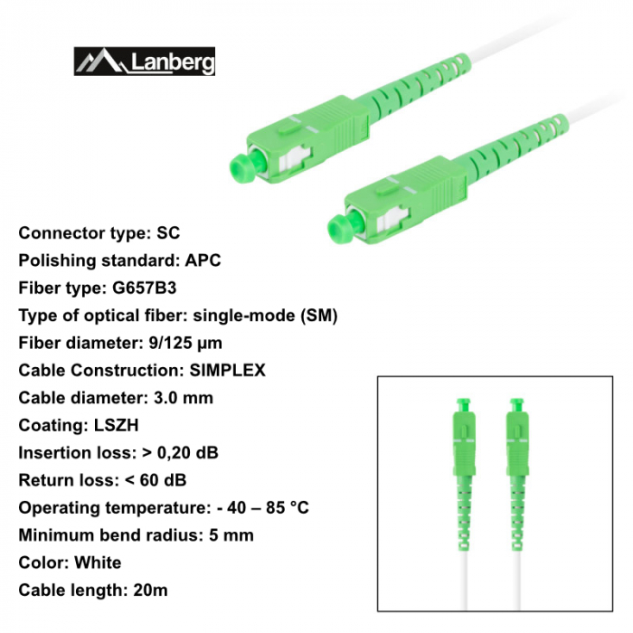 Cablu retea fibra optica cu lungime 20 m si conectori SC/APC-SC/APC, Lanberg Z43076, SM, SIMPLEX 3.0MM G657B3 LSZH, alb [6]
