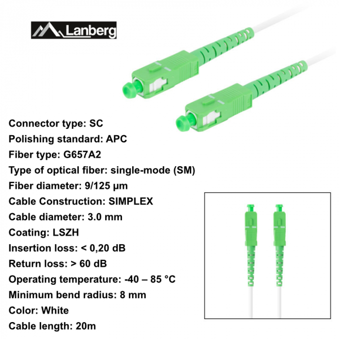 Cablu retea fibra optica cu lungime 20 m si conectori SC/APC-SC/APC, Lanberg Z43086, SM, SIMPLEX 3.0MM G657A2 LSZH, alb [6]