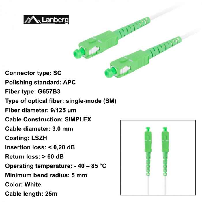 Cablu retea fibra optica cu lungime 25 m si conectori SC/APC-SC/APC, Lanberg Z43077, SM, SIMPLEX 3.0MM G657B3 LSZH, alb [6]
