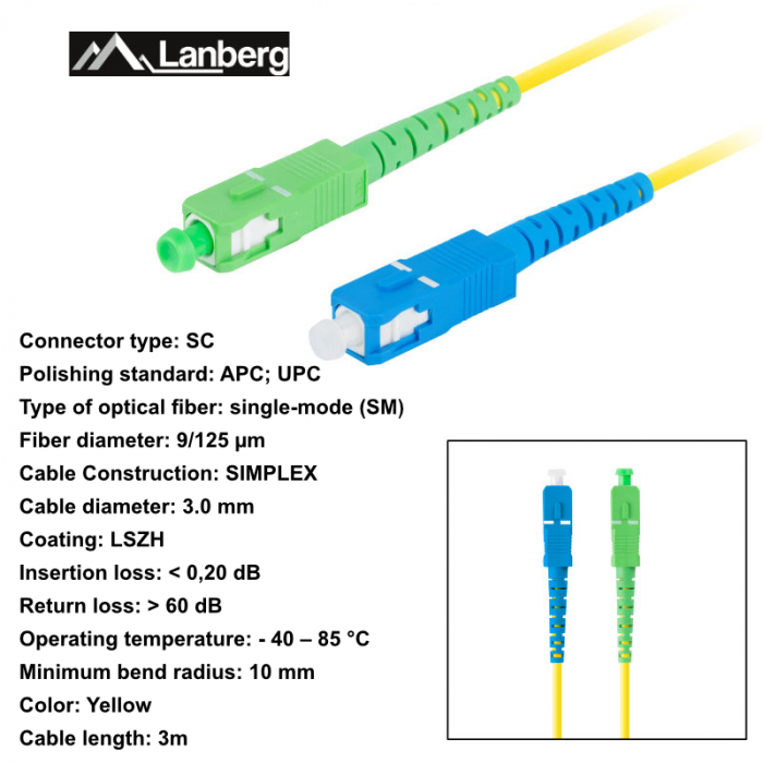 Cablu retea fibra optica cu lungime 3 m si conectori SC/APC-SC/UPC, Lanberg Z43070, SM, SIMPLEX 3.0MM G657A1 LSZH, galben [6]