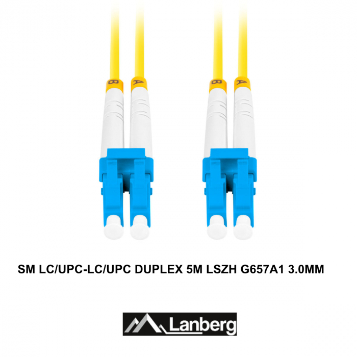 Cablu retea fibra optica cu lungime 5 m si conectori LC/UPC-LC/UPC, Lanberg Z32295, SM, DUPLEX 3.0MM G657A1 LSZH, galben [3]