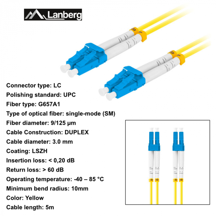 Cablu retea fibra optica cu lungime 5 m si conectori LC/UPC-LC/UPC, Lanberg Z32295, SM, DUPLEX 3.0MM G657A1 LSZH, galben [6]